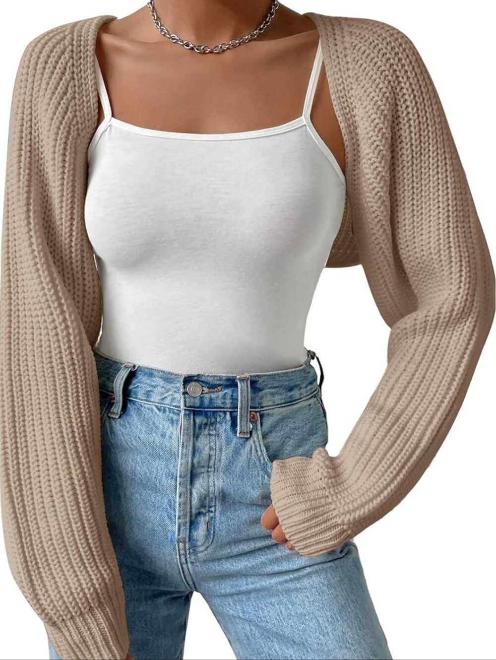 Women's Long Sleeve Knitted Crop Cardigan Drop Shoulder Knit